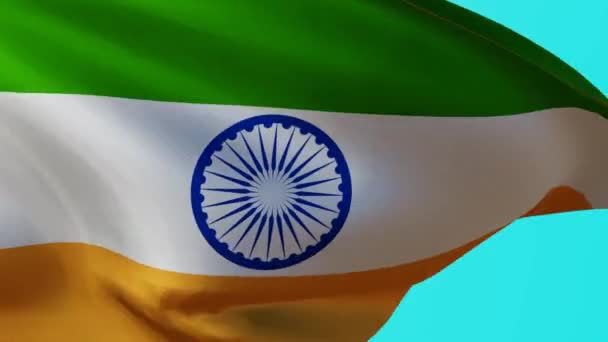 青い画面にインドの波状の旗 織物に緑 黄色で国のシンボルのアニメーション 4Kストックビデオレンダリング3Dグラフィックス — ストック動画
