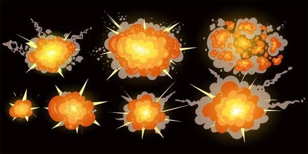 Explosiones Dibujos Animados Pantalla Negra Llama Vectorial Detonación Explosivos Materiales — Vector de stock