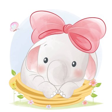 Baby elephant in the basket cartoon illustration