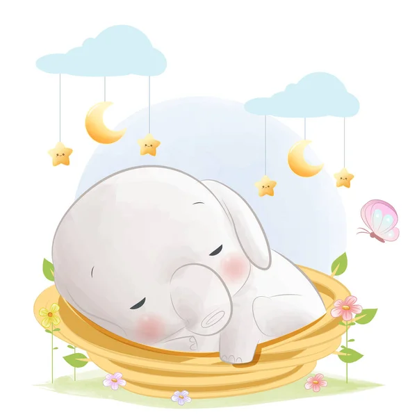 Baby Elephant Sleeping Basket Hand Drawn Illustration — Stock vektor