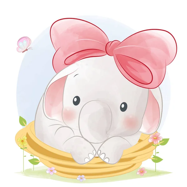 Baby Elephant Basket Cartoon Illustration — Stockový vektor
