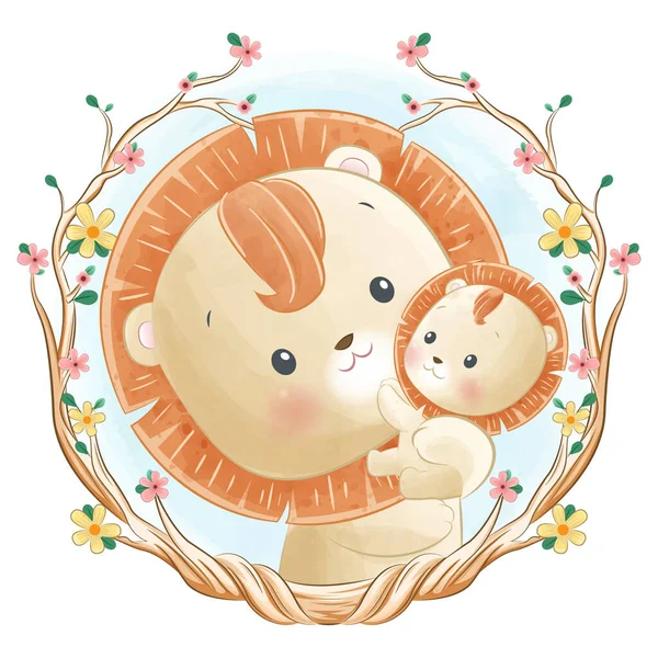 Adorable Cute Mom Baby Lion Watercolor Illustration Royaltyfria illustrationer