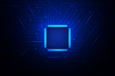 Mavi çizgilerin ortasında parlayan siyah çipli Mavi Çip soyut arka planı. Modern çip açığı arkaplanı