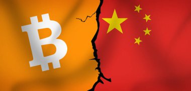 Çin ve Bitcoin bayrağı yasağı temsil eden kripto döviz kavramı. Modern bitcoin Çin konseptinde yasaklandı