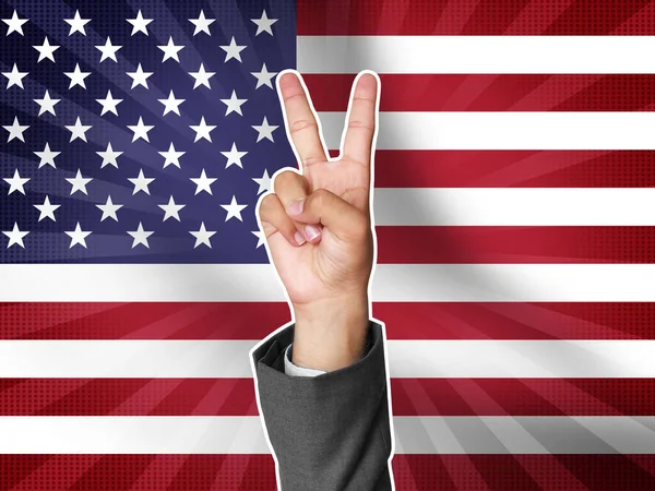 Stati Uniti Victory Sign Mani Con Due Dita Bandiera Sventolante — Foto Stock