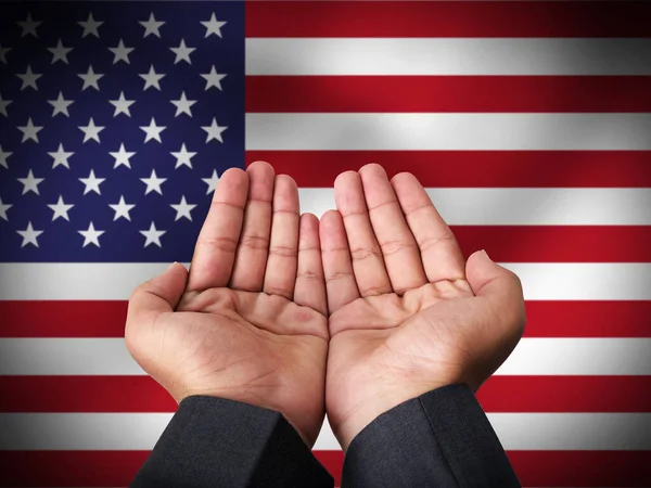 Módlcie Się Stany Zjednoczone Koncepcja Tła Flagą Plecach Młode Ręce — Zdjęcie stockowe