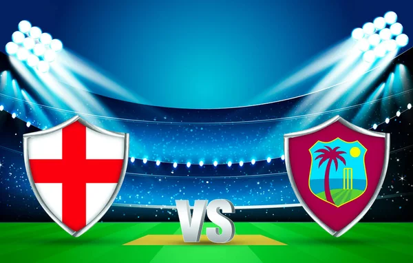 England Vs West Indies Cricket Match Banner in 3D Rendered Stadium. Match Fixture concept backdrop