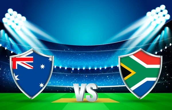 Australia Vs South Africa Cricket Match Face off Fixture in 3D Rendered Stadium. Modern Sports backdrop