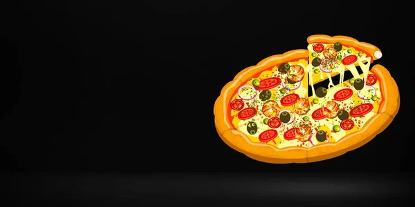 Moderne Rendered Pizza Banner Met Slice Vrije Ruimte Abstracte Achtergrond — Stockfoto