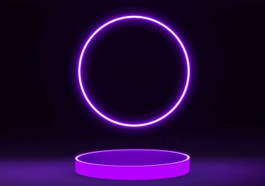 Arka planında Neon ışığı olan modern Purple Glowing 3D Rendered Podium Stage. Reklam arkaplanı ve boş alan