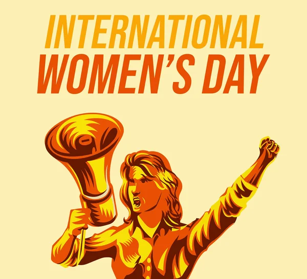 Uluslararası Kadın Günü Özgeçmişi Yüksek Ses Llüstrasyonunu Tutan Enerjik Kız — Stok fotoğraf