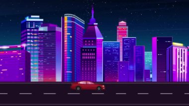 Retro ve Futuristik Kusursuz Otomobil Döngüsü 4K Güzel Binalar ve Parlayan Işıklar. Geceleri modern kusursuz döngü gradyan animasyonu