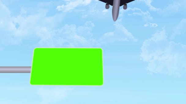 飞机正从绿色的标牌上经过 上面有你的文字 — 图库视频影像