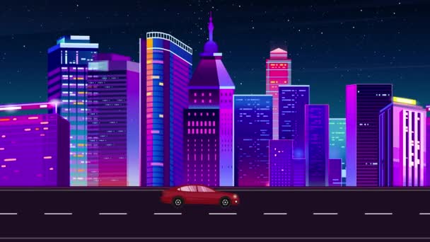 Retro Futurista Seamless Car Loop Animation Com Belo Edifício Luzes — Vídeo de Stock