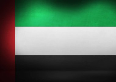 Duvar 'da Birleşik Arap Emirlikleri Bayrağı var. Üç boyutlu, spot ışığı ve boş alanı olan bir oda. BAE Ulusal Günlük Pankart Tasarımı