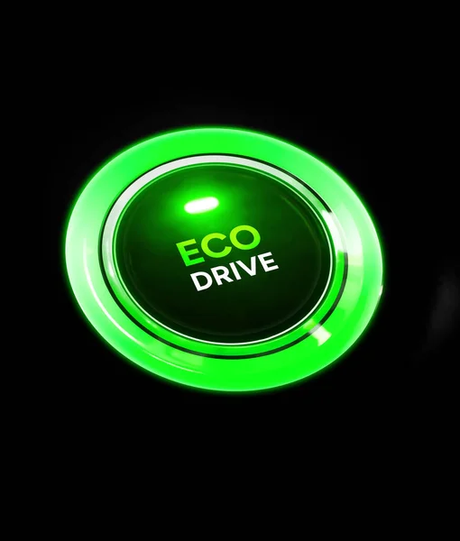 Eco Driving Mode Green Glowing Neon Light Button Minimum Fuel — Stock Photo, Image