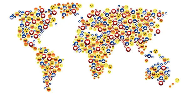 Emoji Renkli Tasarım Ile Dolu Dünya Haritası Modern Sosyal Medya — Stok fotoğraf
