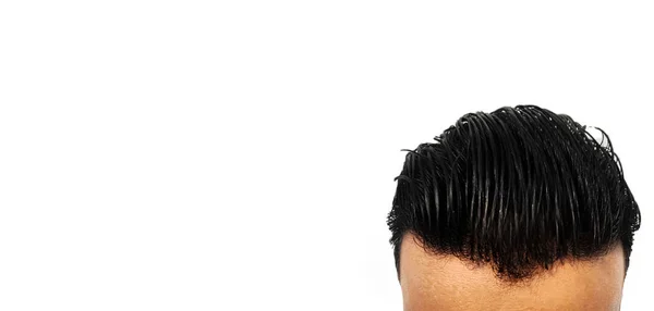 コピースペース付き男性ダークヘッドヘアバナー ダークカラーの若い男性の髪の背景 髪の色と脱毛のコンセプトバナー — ストック写真