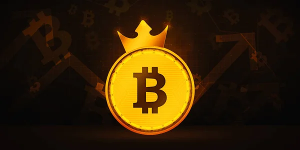 Bitcoin Com Coroa Dourada Superfície Renderizada Com Fundo Criptomoeda Abstrata — Fotografia de Stock