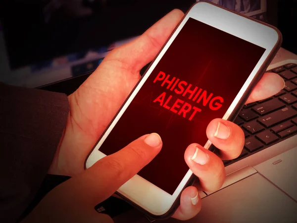 Messaggio Avviso Phishing Sullo Schermo Mobile Sfondo Colore Rosso Allarmante — Foto Stock