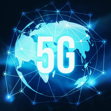 Parlayan Küre ile Fütürist 5G İnternet Teknolojisi Soyut Arkaplanı. Yeni internet teknolojisi kavramı.