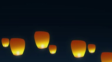 Gece 4K animasyonunda parlayan fenerler koyu mavi gökyüzünde parlıyor. Geceleri soyut Fenerler