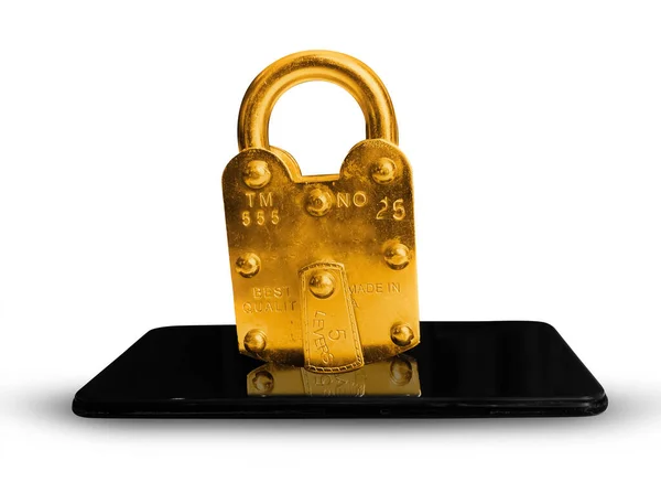 Золотая Ложка Мобильном Экране Жесткий Защитный Фон Смартфона Тяжелая Система — стоковое фото