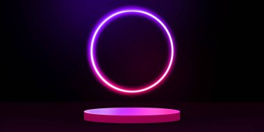 3D Rendered Neon Parlayan Podyum Karanlık Arkaplan ve Neon Işıkları ile. Boş Modern ve Metaverse Podyum tarzı arkaplan