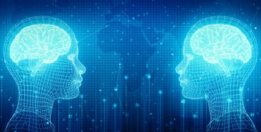 Modern Makine Öğrenme ve Yapay Zeka Teknolojisi Soyut Geçmişi. Yapay zekayla bağlantı kuran gelecekçi robotlar.