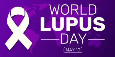 Kurdele ve Haritayla Dünya Lupus Günü Mor Arkaplanı. Uluslararası Lupus Hastalıkları Günü 10 Mayıs 'ta kutlanır. Arkaplan illüstrasyonu