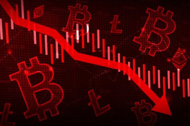 Kripto Piyasası Çökme Konsepti Arkaplanı, Büyük Kripto para birimi çökme arkaplanı ve kırmızı grafik aşağı iniyor