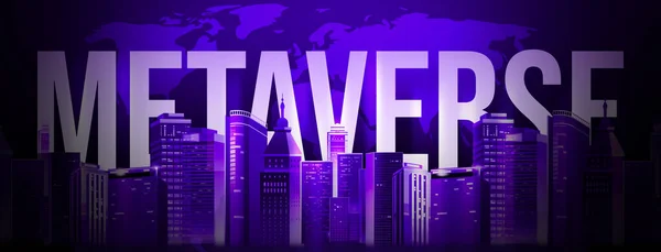 Modern Technology Metaverse World Abstract Cover Background with Glowing Purple Buildings and Typography.