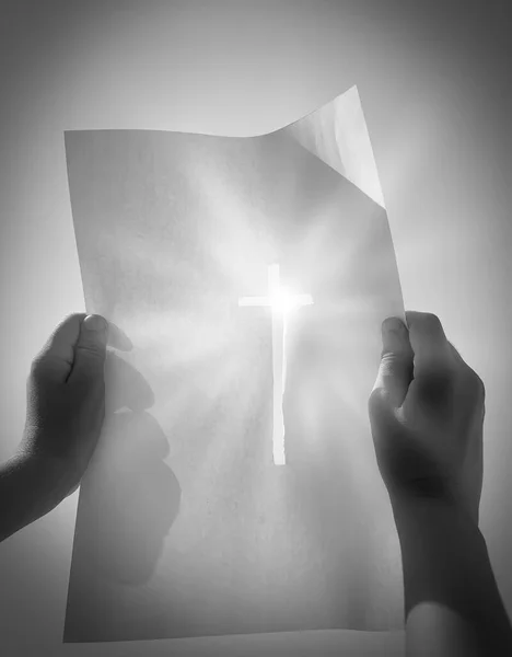 Easter Day Concept Background Black White Kid Holding Religious Sign — Stock Photo, Image