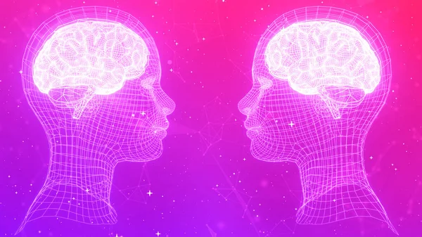 Two Wireframe Brains Portrait Facing Each Other Star Nodes Tech — Stock Photo, Image