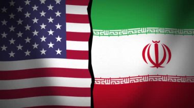 Amerika, İran 'a karşı, çatışma işareti 4K arkaplanlı bir animasyon. Siyasi çatışma ve çatışma kavramı