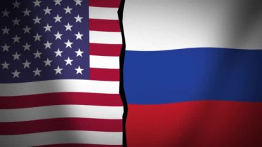 Amerika, Rusya 'ya karşı çatışma konsepti arka plan animasyonu 4k. Çarpışma işareti ile bayrak canlandırması