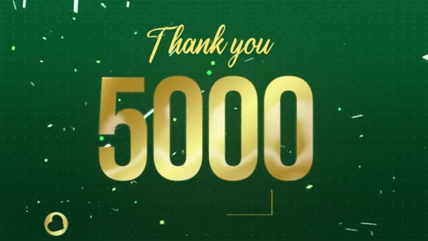 五千人の信者が黄金の文字と緑の背景で祝う ソーシャルメディア上のフォロワーに感謝の4Kアニメーション — ストック動画