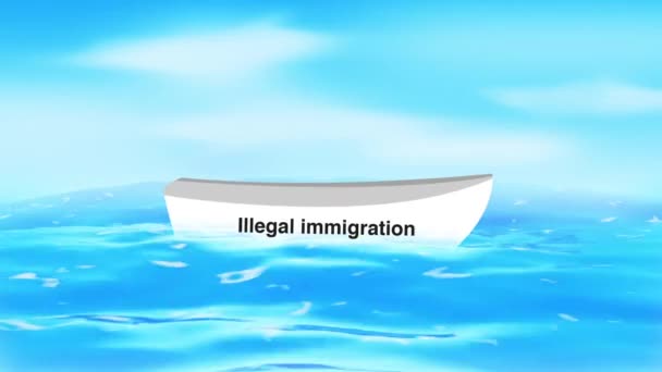 Illegal Invandring Koncept Animation Med Flytande Båt Havsvattnet Invandringskoncept — Stockvideo