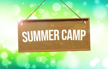 Yaz Kampı 3D 'ye yazılmış ahşap tahta üzerinde Bokeh soyut arkaplan ile asılı.