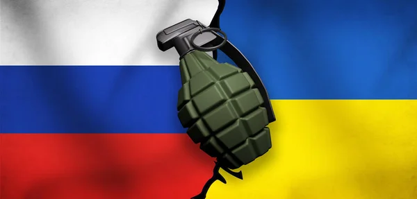Rusia Ucrania Fondo Concepto Guerra Con Granada Renderizado Banderas — Foto de Stock