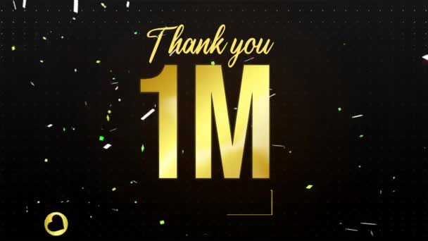 Один Мільйон Послідовників Дякую Анімації Сяючим Золотим Текстом Сердечками Блискуча — стокове відео