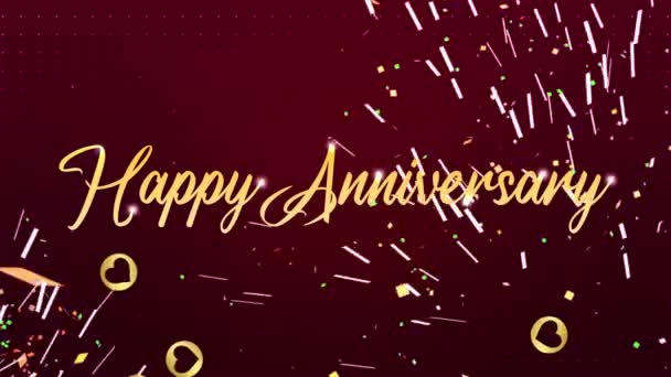 Happy Anniversary Golden Text Animation Glowing Stars Hearts Elegant Anniversary — Stock Video