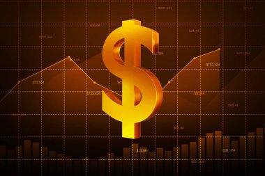 Grafiği ve dolar fiyatları konsepti olan 3 boyutlu Altın Dolar Tabelaları. İş ve finans duvar kağıdı