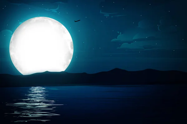Paisaje Nocturno Romántico Con Luz Luna Llena Cielo Azul Fondo —  Fotos de Stock