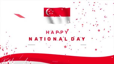 Singapur Ulusal Günü 'nüz kutlu olsun. Bayrak sallayan ve konfeti kutlayan 4K animasyonu.