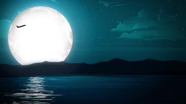 Dolunay ve yıldız 4K animasyonu ile Gece Manzarası 'ndan geçen uçak. Kusursuz döngü estetik arkaplan