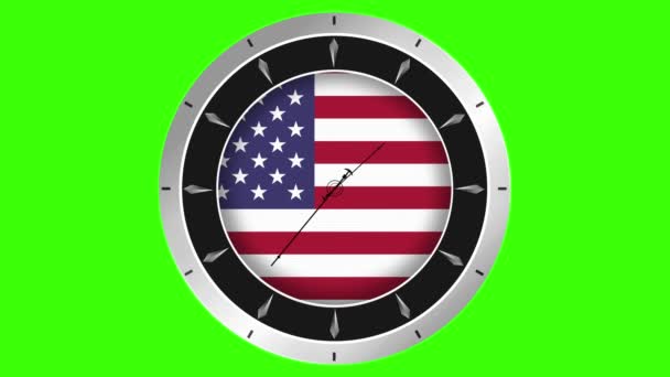回転針シームレスループ4Kアニメーションとアメリカの時計ダイヤルウォッチ 緑の画面 アメリカ合衆国時計 — ストック動画