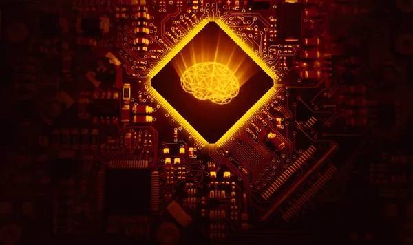 Glowing Brain and Artificial Intelligence concept inside Computer Chip with transistors. Futuristic tech wallpaper design