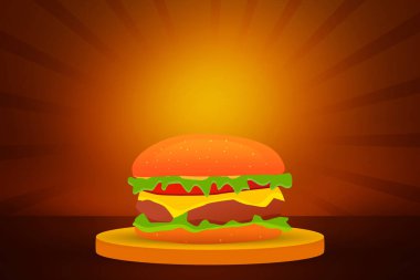 Hamburger, arka planda boş fotokopi alanı olan 3 boyutlu bir podyuma yerleştirilmiş. Yanan renklerle besin konsepti duvar kağıdı tasarımı