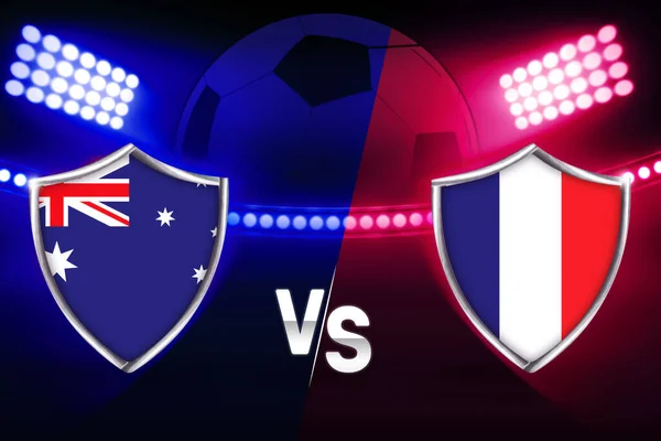 Australia Vs France Football Match Fixture in Purple and Blue Color with Stadium in the backdrop. Bright lights stadium background